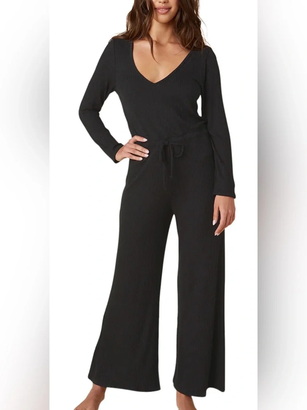 Beyond Yoga Draw the Line Ribbed Wide Leg Jumpsuit Black Medium